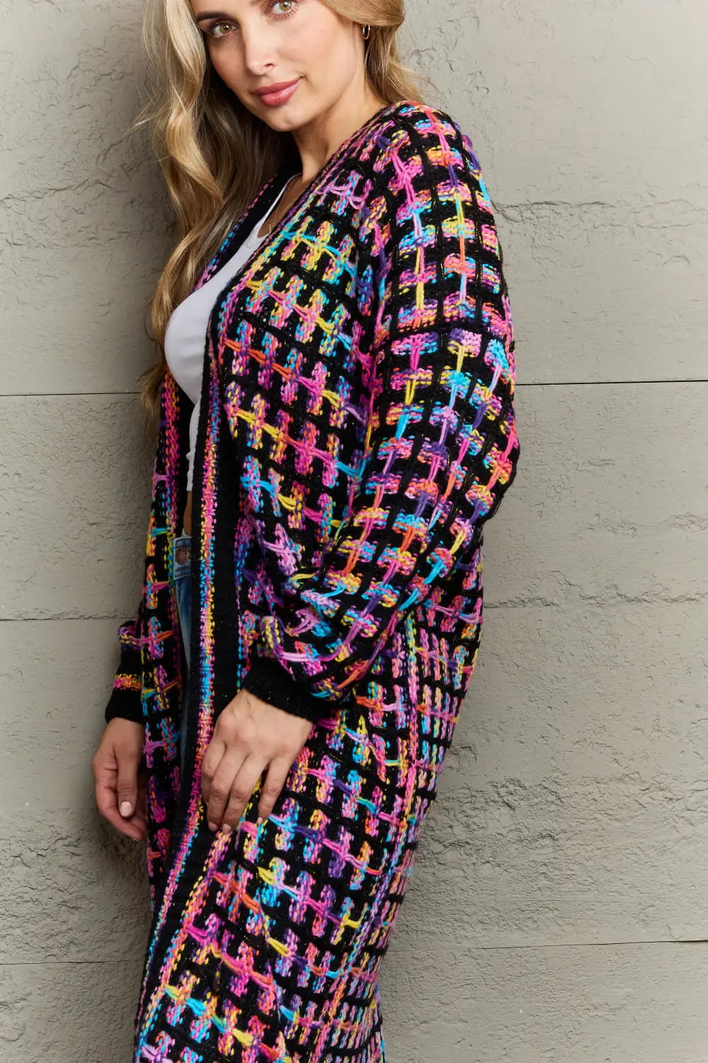 Angel Wings Full Size Multicolored Open Front Fringe Hem Cardigan  