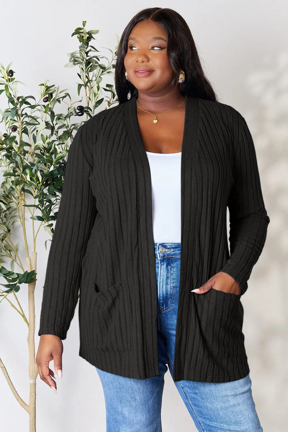 Basic Bae Full Size Ribbed Open Front Cardigan with Pockets  