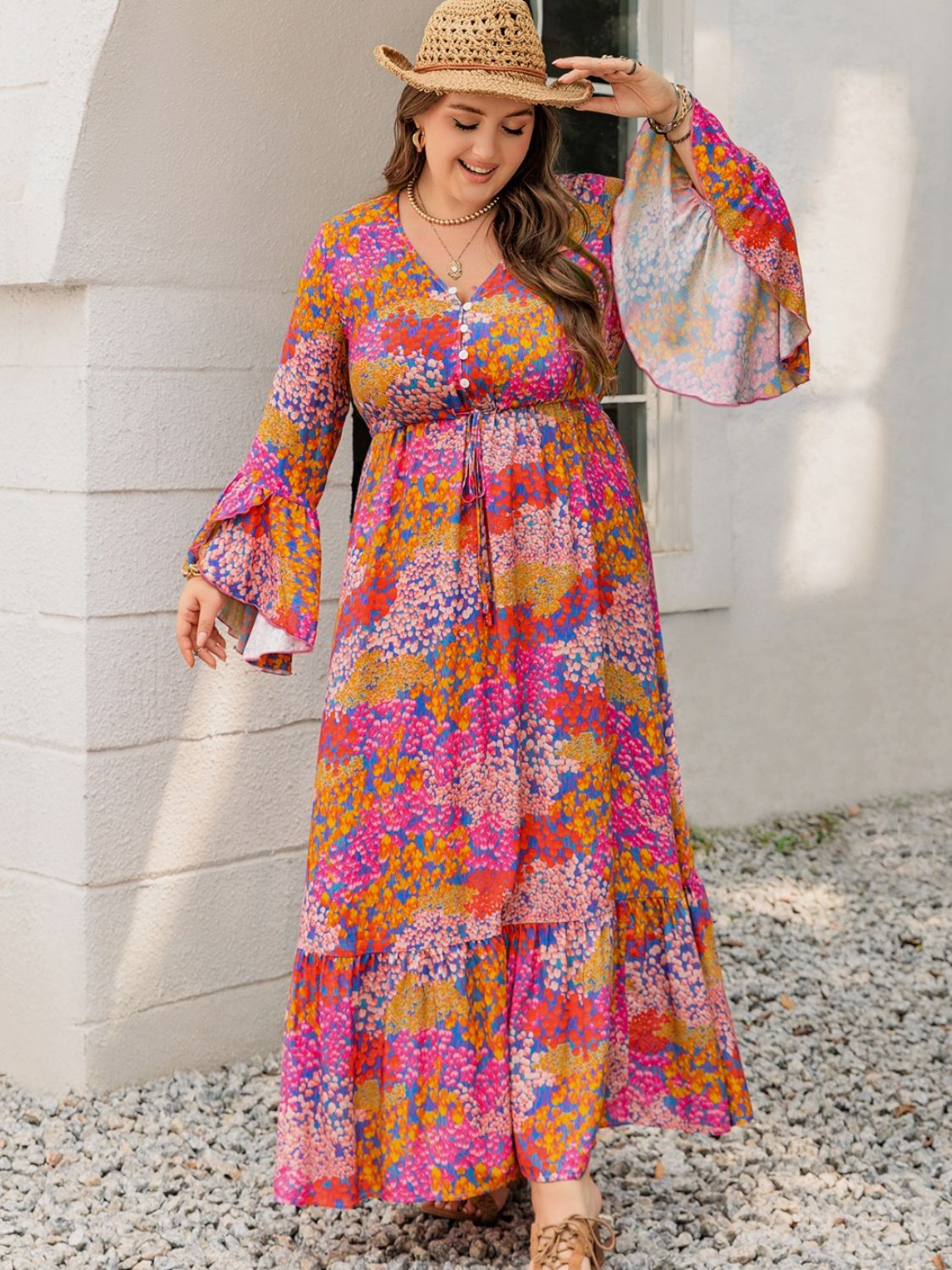 Plus Size Printed V-Neck Long Sleeve Maxi Dress  