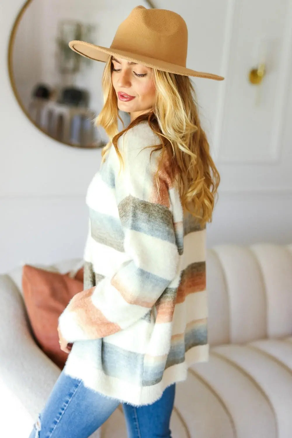 Haptics Full Size Button Down Stripe Soft Fuzzy Sweater Cardigan  