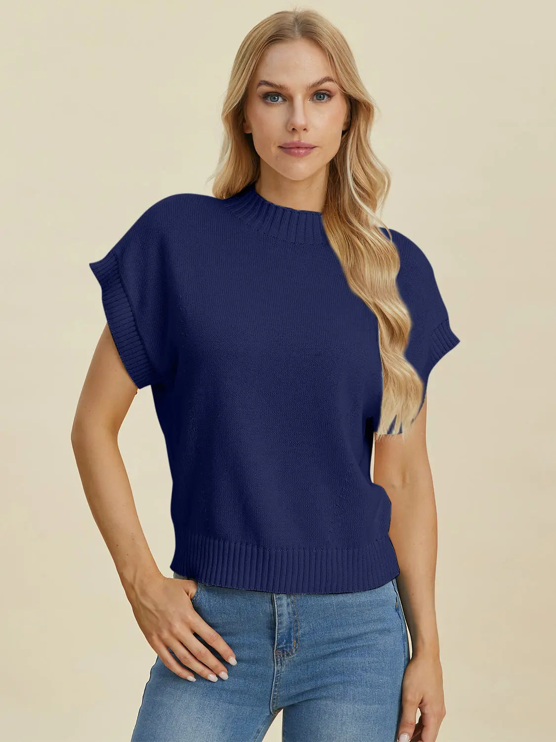 Double Take Full Size Mock Neck Short Sleeve Sweater  