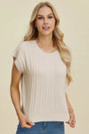 Double Take Full Size Cable-Knit Round Neck Short Sleeve Sweater  