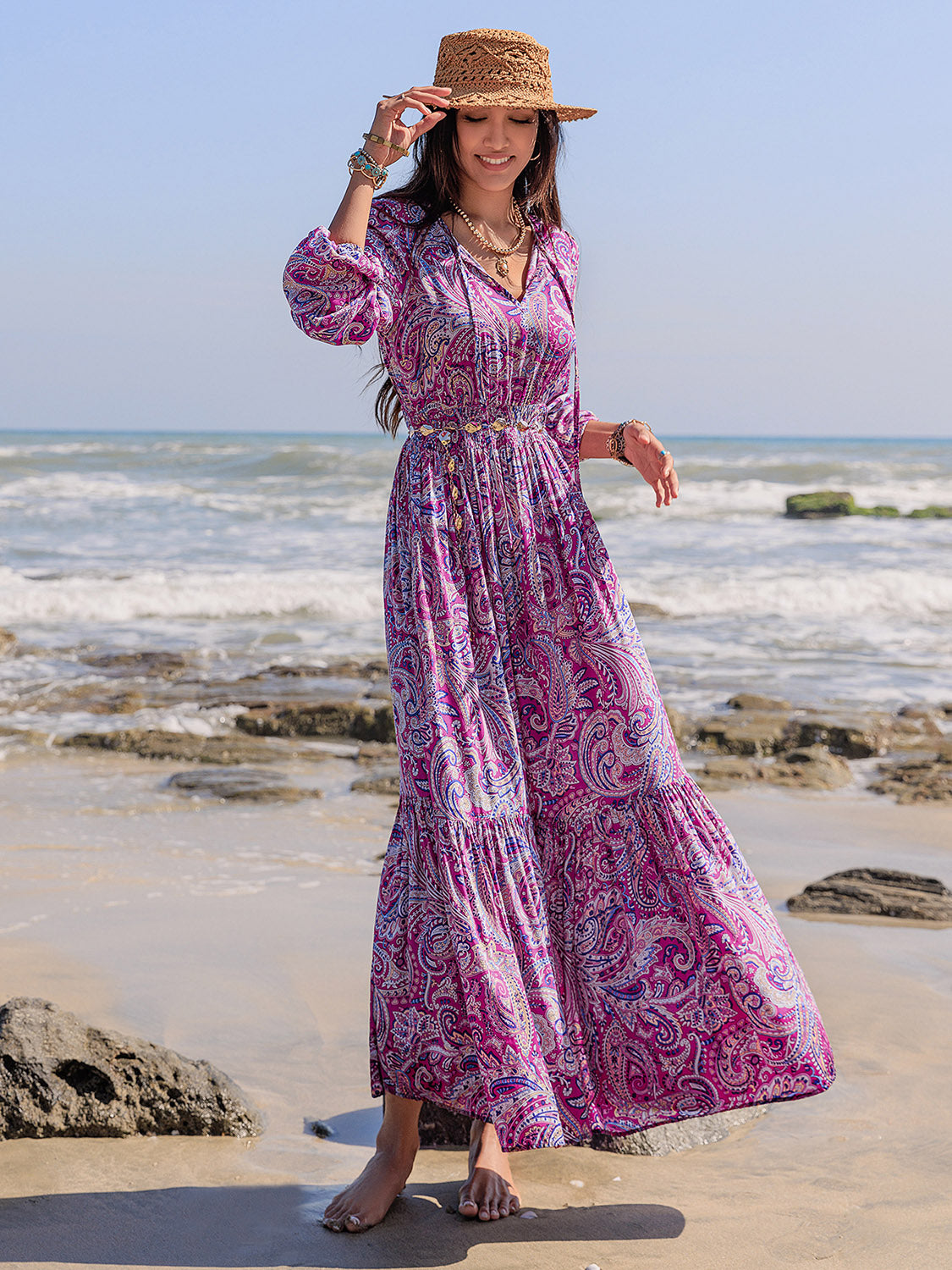 Printed Tie Neck Balloon Sleeve Maxi Dress  