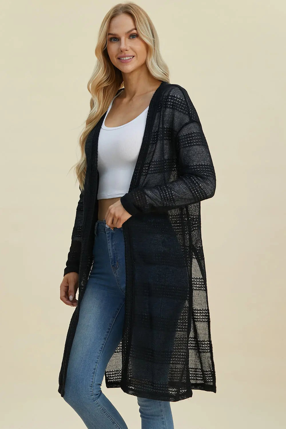 Double Take Full Size Open Front Longline Cardigan  