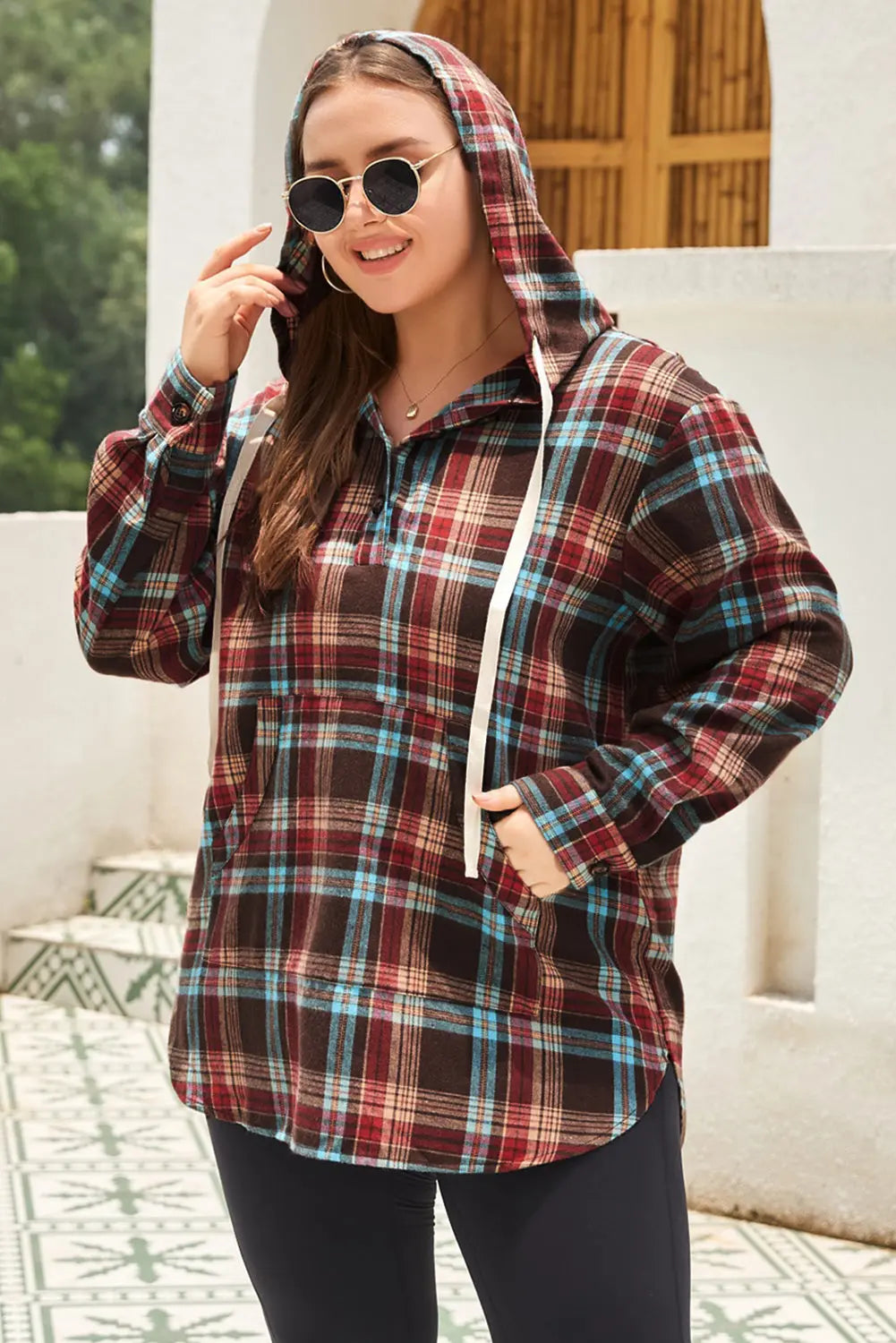 Plus Size Drawstring Plaid Quarter Button Hoodie  