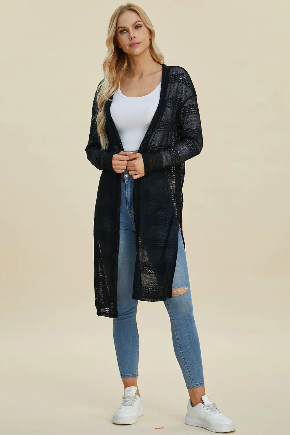 Double Take Full Size Open Front Longline Cardigan  