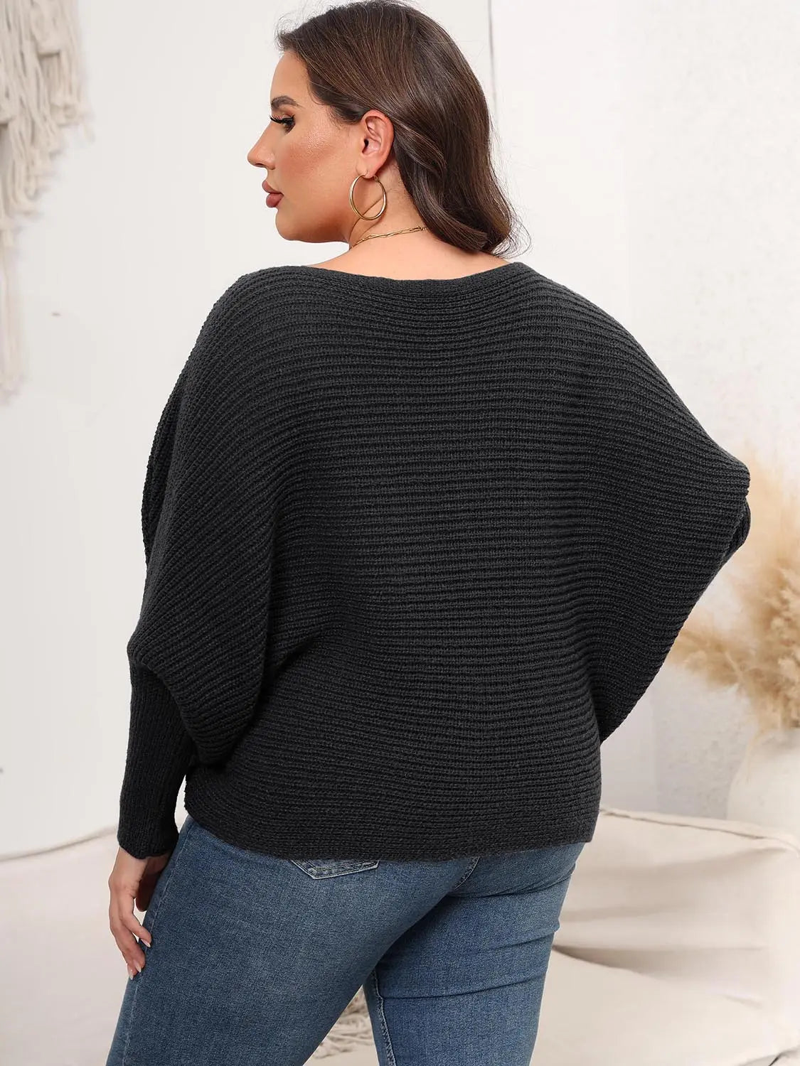 Full Size Boat Neck Batwing Sleeve Sweater  