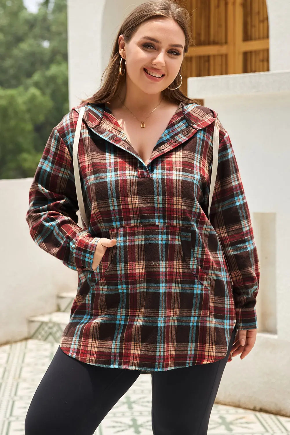 Plus Size Drawstring Plaid Quarter Button Hoodie  