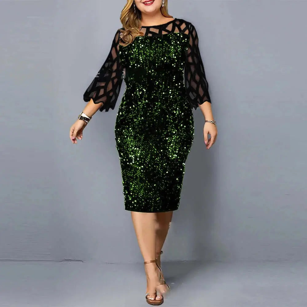 Elegant Sequin Plus Size 4XL 5XL Women Midi Dress