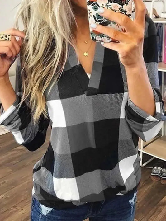 Plus Size Women Autumn Plaid Check V Neck Blouse Shirt