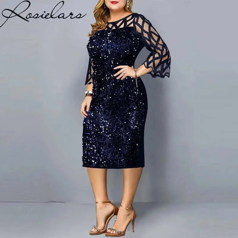 Elegant Sequin Plus Size 4XL 5XL Women Midi Dress