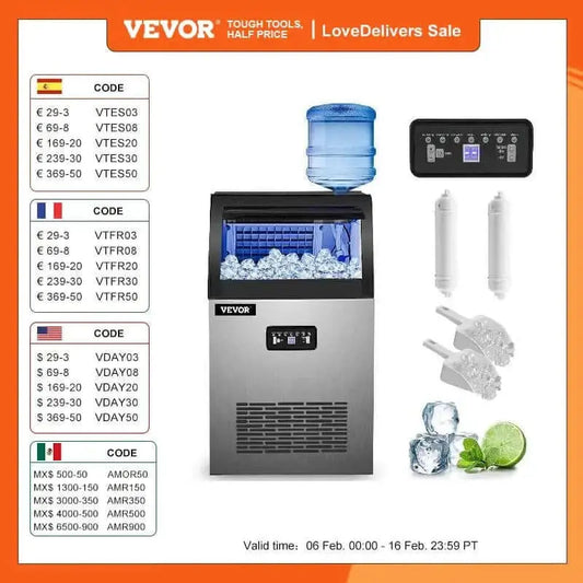 VEVOR Commercial Ice Maker 50Kg/24H Automatic 2-In-1 Water Inlet Built-in Ice Cube Machine Electric Cooler Kitchen Appliance