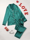 Solid Pajama Set Long Sleeve Button Up Lapel Top & Pants Pj Set Women's Sleepwear & Loungewear