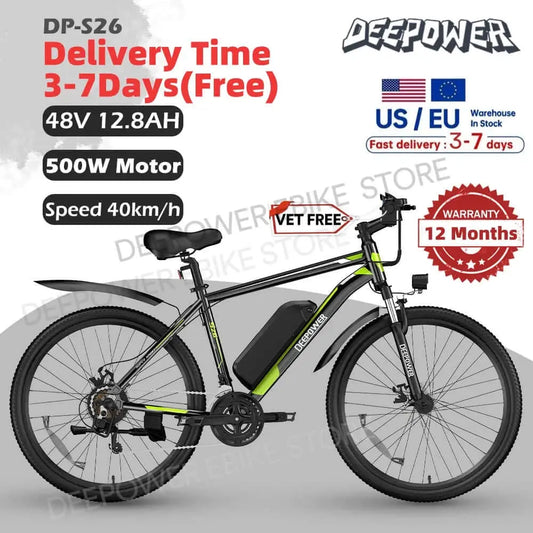 DEEPOWER S26 26" Electric Bicycle 500W 48V 30AH Lithium Battery Mountain Bike