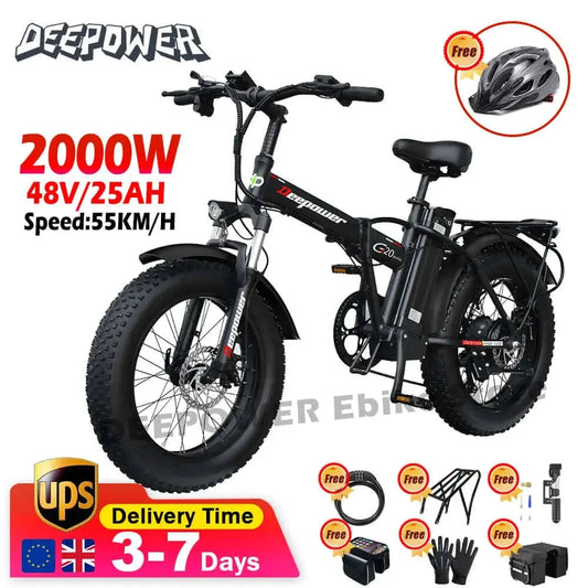 DEEPOWER G20Pro 2000W Best Electric Folding Black Bike, 36MPH, 20" Wheel With Phone Holder