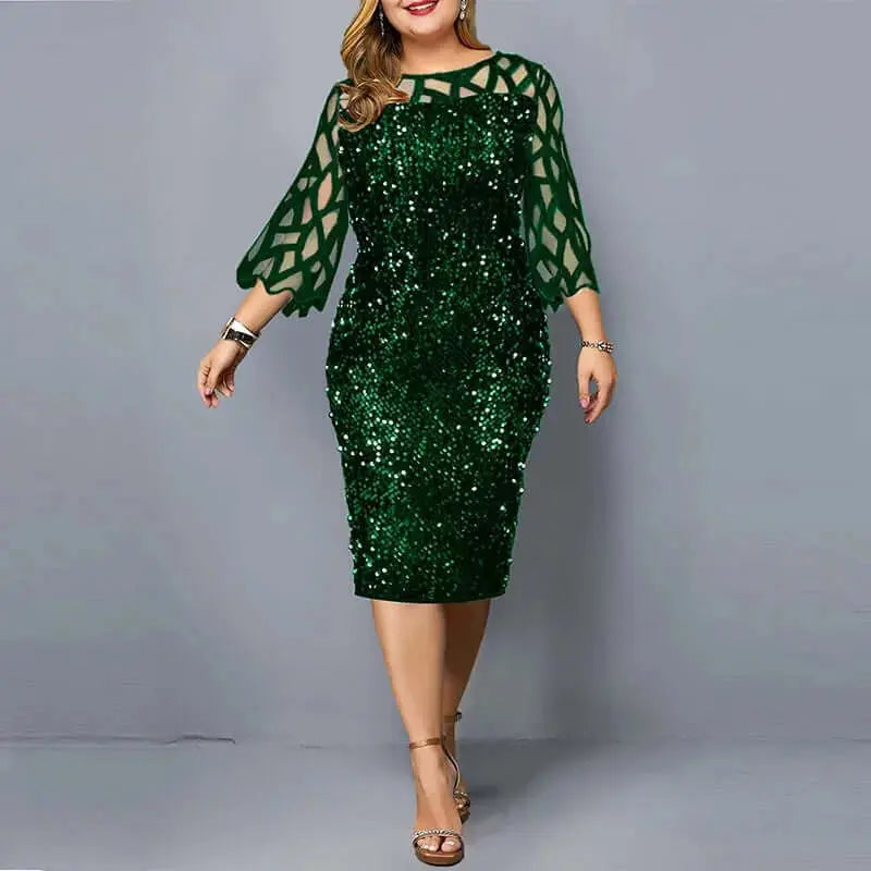 Elegant Sequin Plus Size 4XL 5XL Women Midi Dress